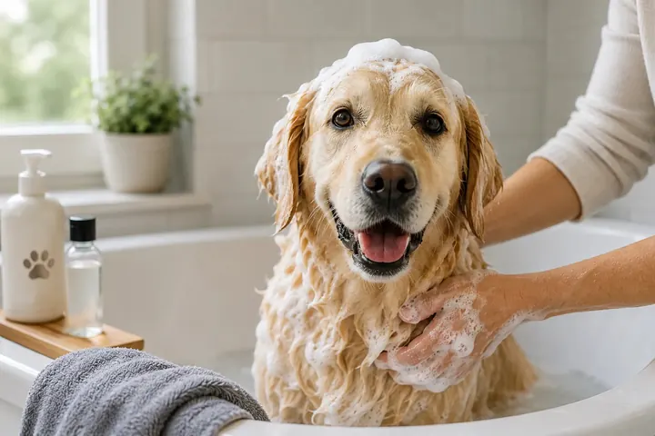 Golden retriever dans son bain