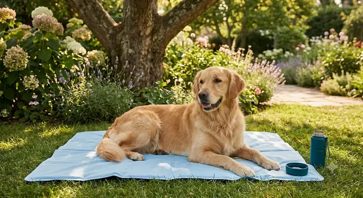 Golden Retriever sur un tapis rafraîchissant