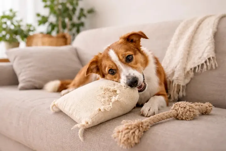 Chien qui détruit un coussin