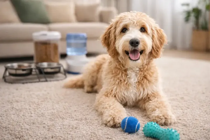 Chien avec jouets et accessoires