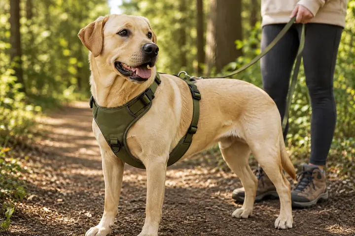 Labrador portant un harnais en Y