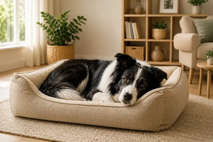 Border Collie dans un lit à rebords