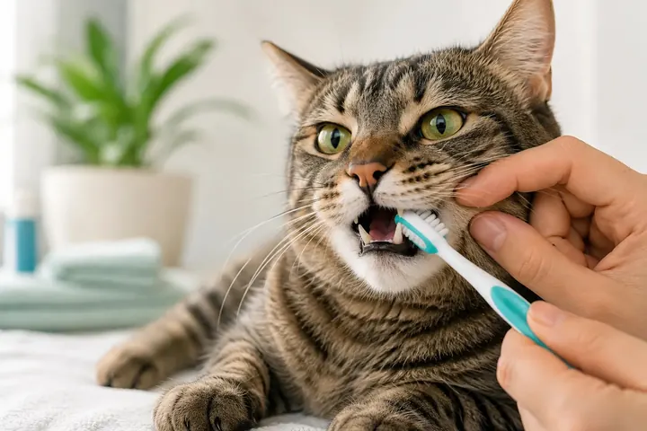 Chat pendant le brossage de ses dents