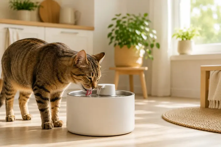 Chat buvant dans une fontaine à eau