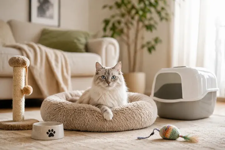 Chat dans un lit avec griffoir et jouets