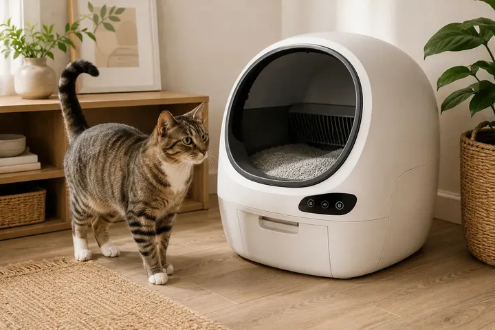Chat près d'une litière autonettoyante