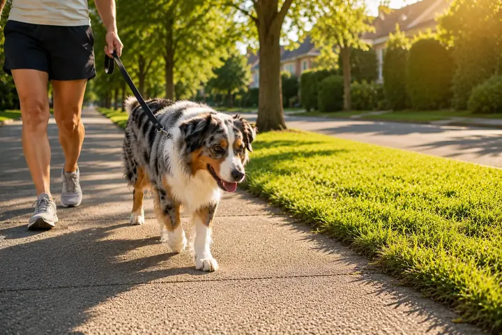 Berger australien sur un trottoir ensoleillé
