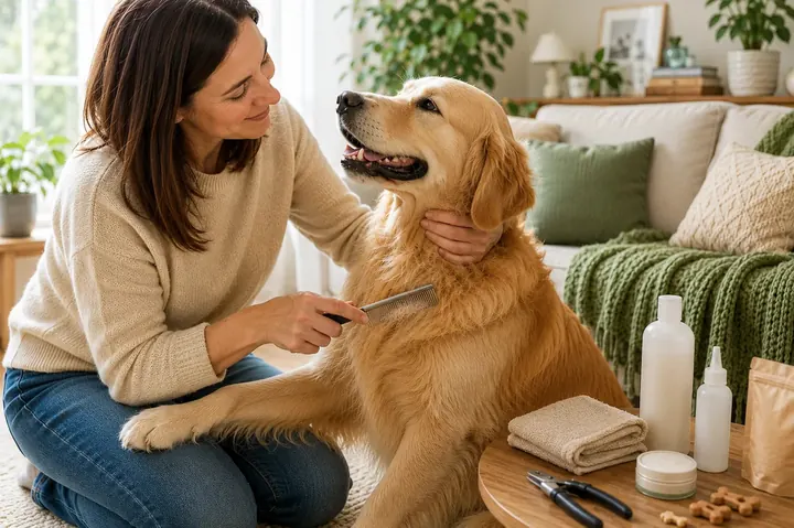 Femme brossant un Golden Retriever