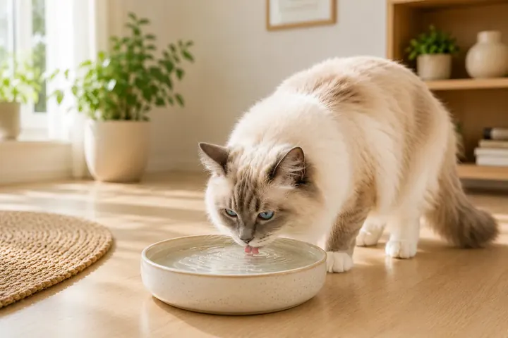 Chat buvant dans un bol en céramique