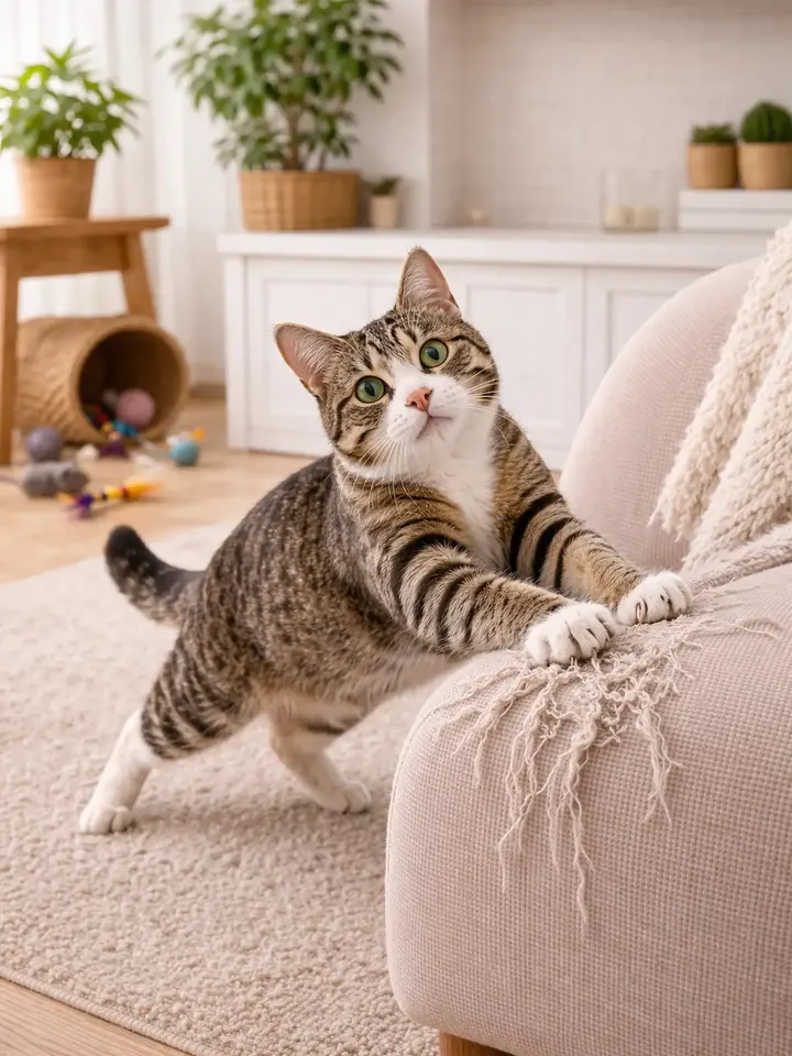 Chat qui fait ses griffes sur un canapé