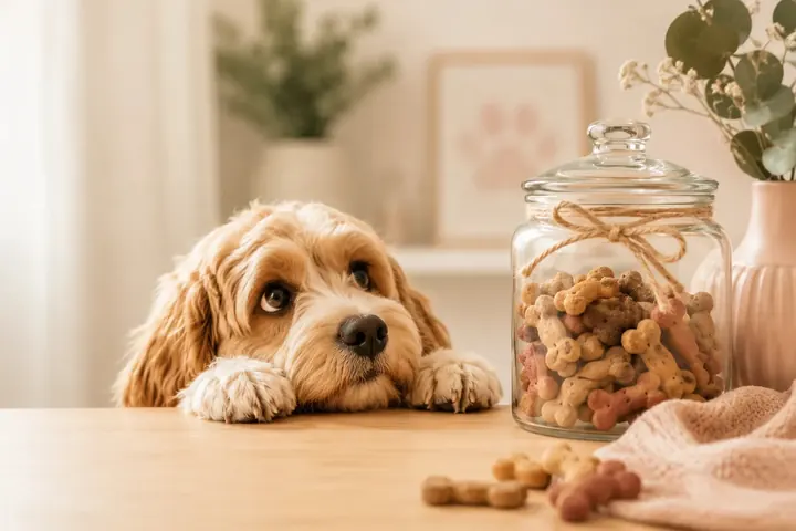 Chien devant un pot de gâteries