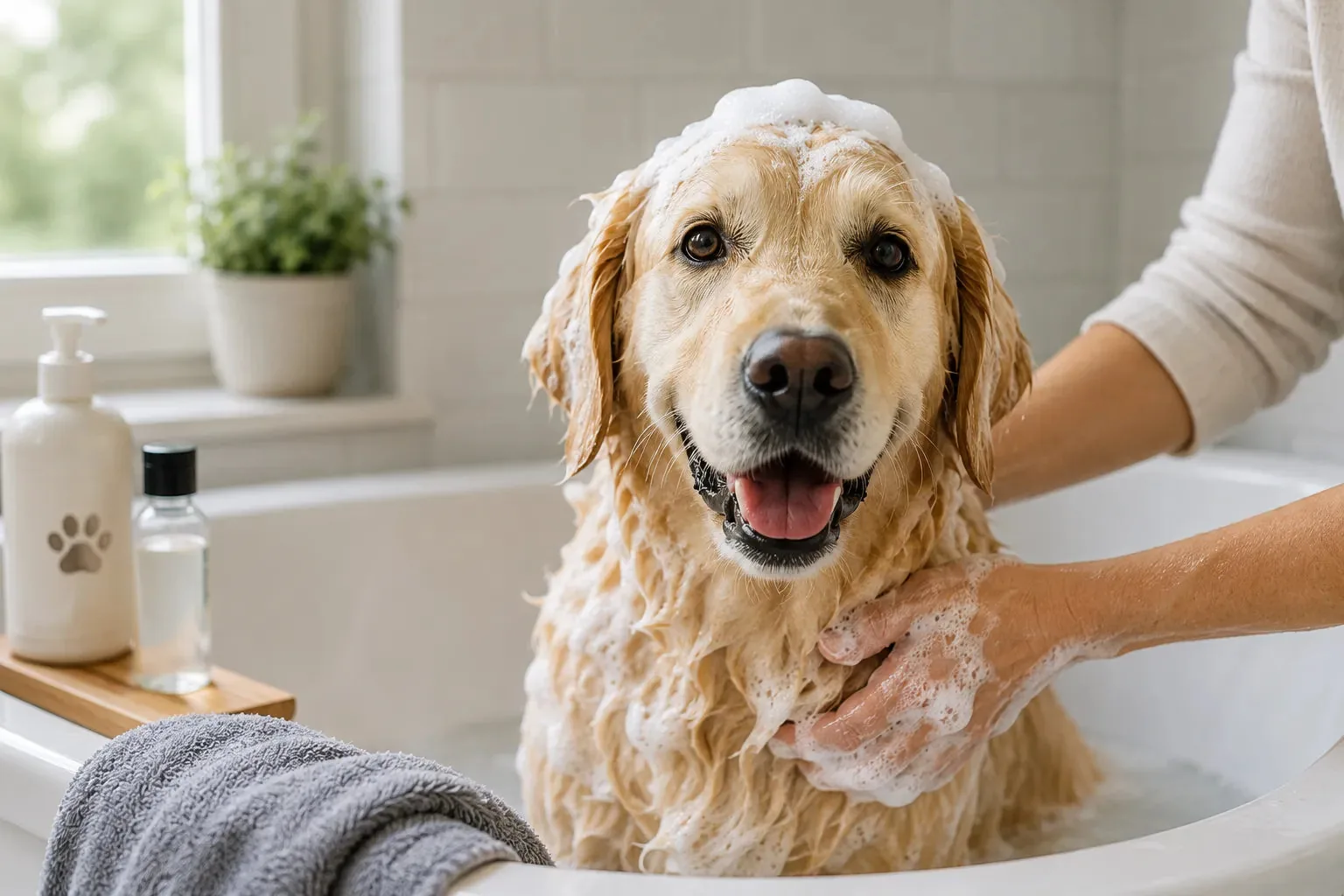Golden retriever dans son bain