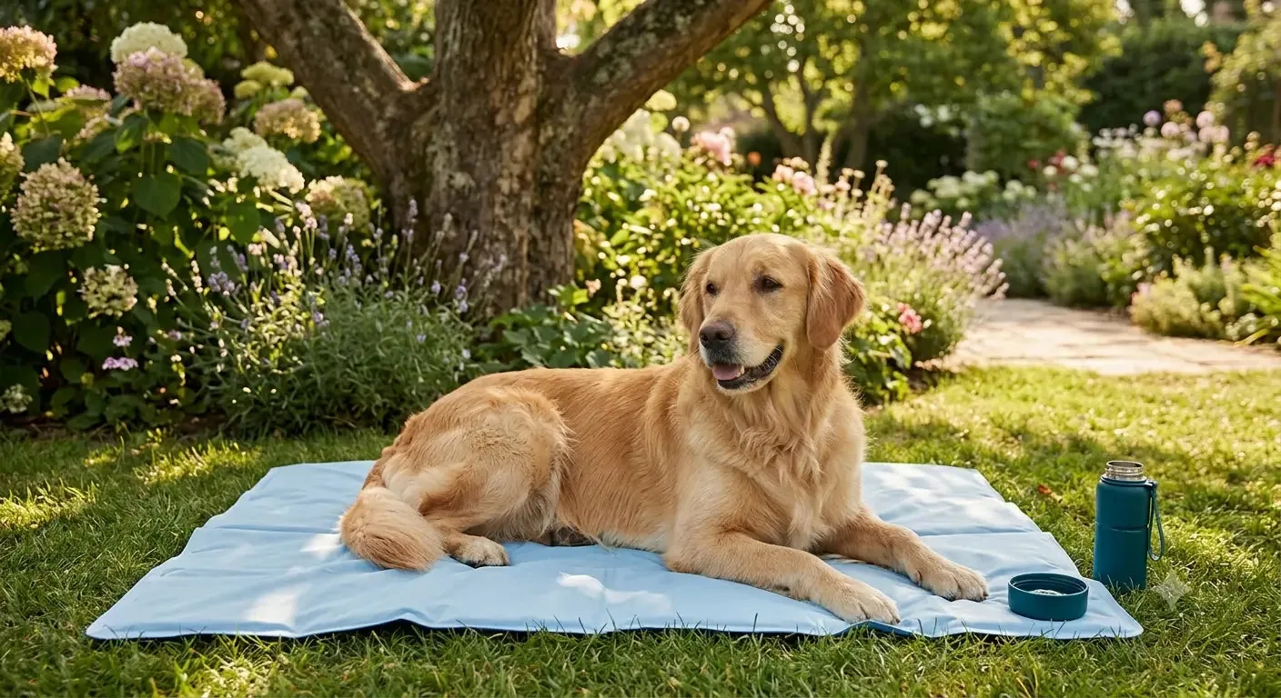 Golden Retriever sur un tapis rafraîchissant