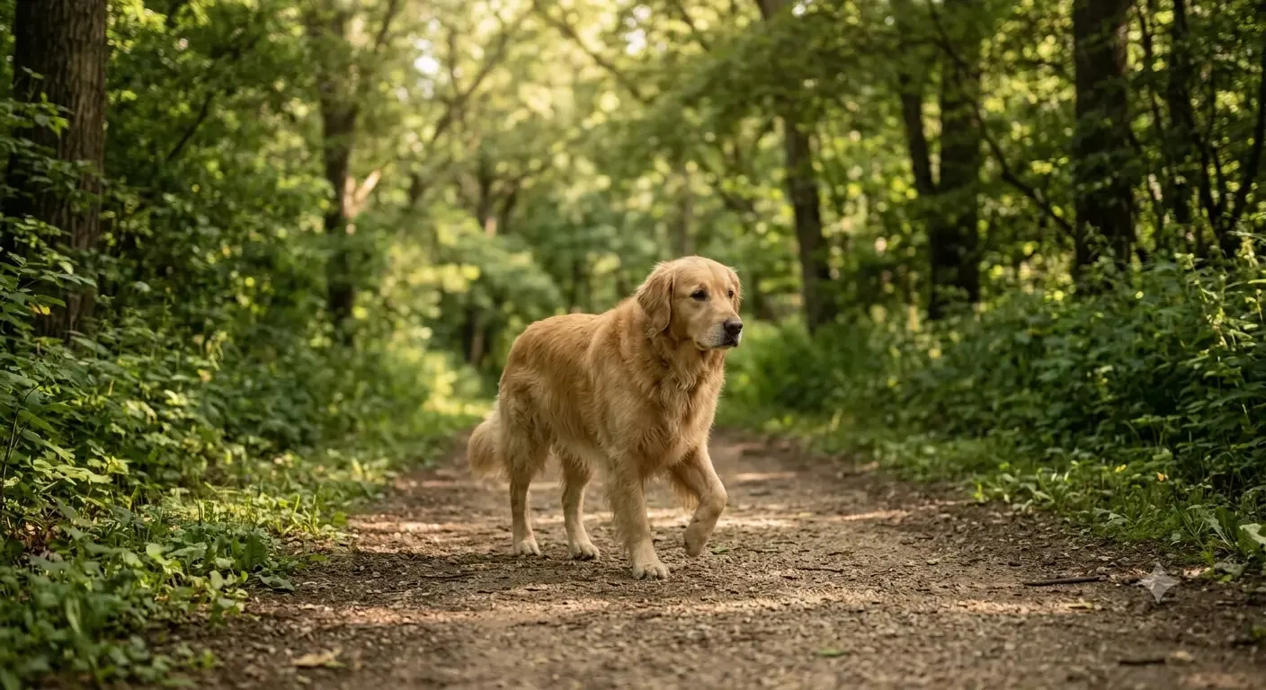 Golden Retriever marchant sur un sentier ombragé lors d'une promenade pendant une chaude journée d'été.