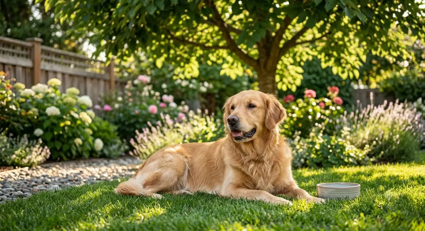 Golden Retriever couché à l'ombre dans un jardin pendant une chaude journée d'été.