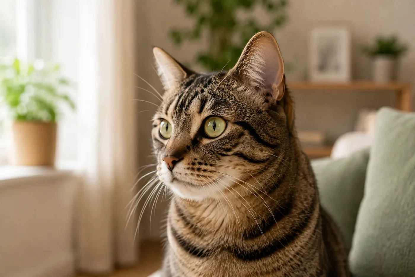 Chat tigré observant attentivement son environnement près d'une fenêtre dans un salon lumineux.