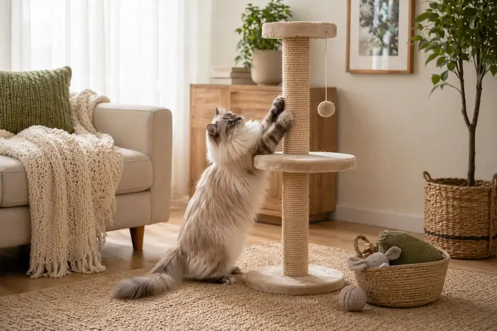 chat qui utilise un arbre à chat dans un salon lumineux et confortable