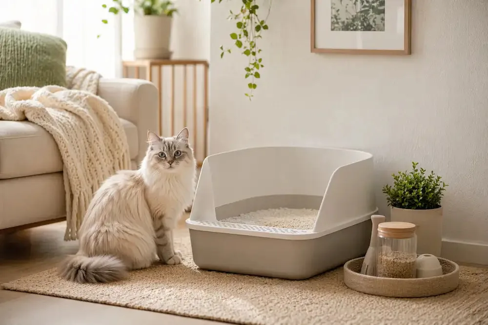 chat avec litière propre dans un environnement confortable et sécurisé
