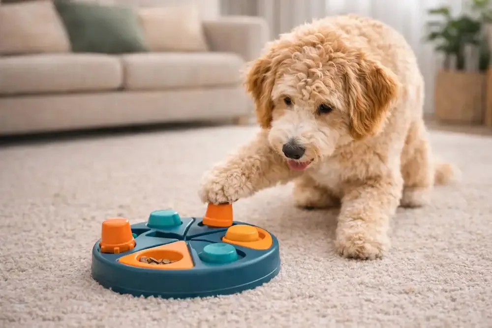 chien doodle jouant avec un jouet interactif pour stimulation mentale