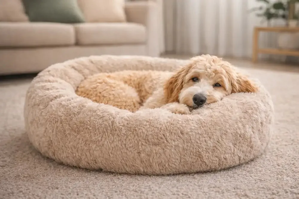 chien doodle couché dans un lit confortable pour chien dans un salon lumineux