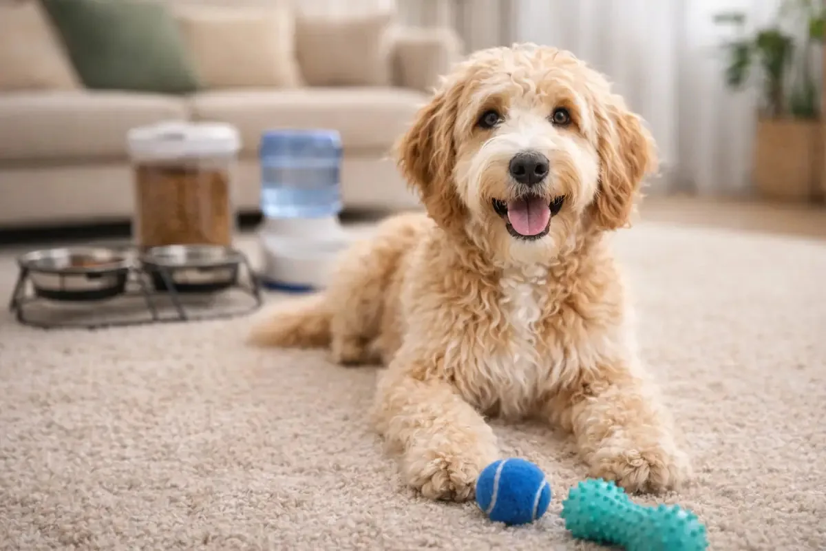 Chien avec jouets et accessoires