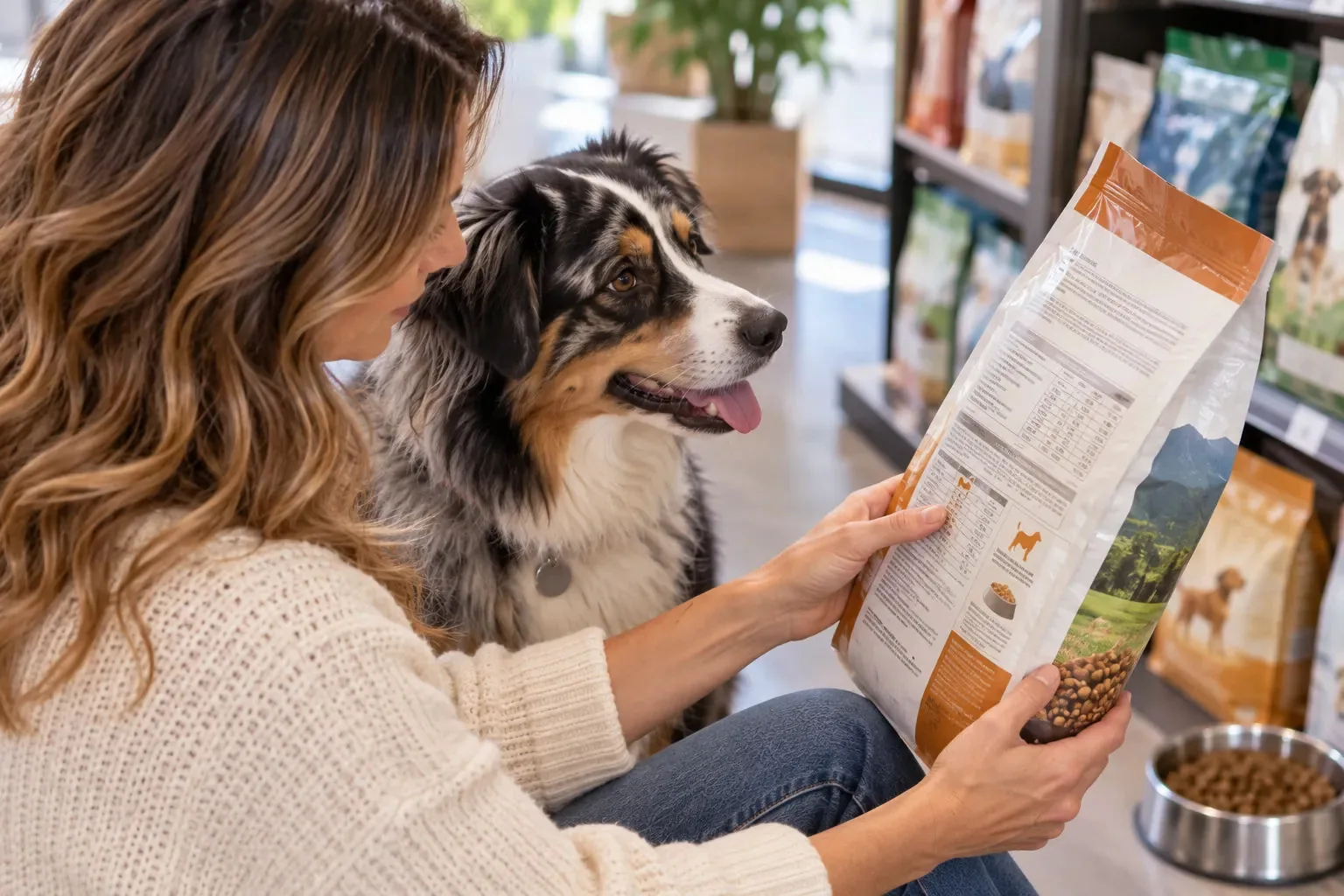 Femme consultant l’étiquette d’un sac de nourriture pour chien avec son berger australien