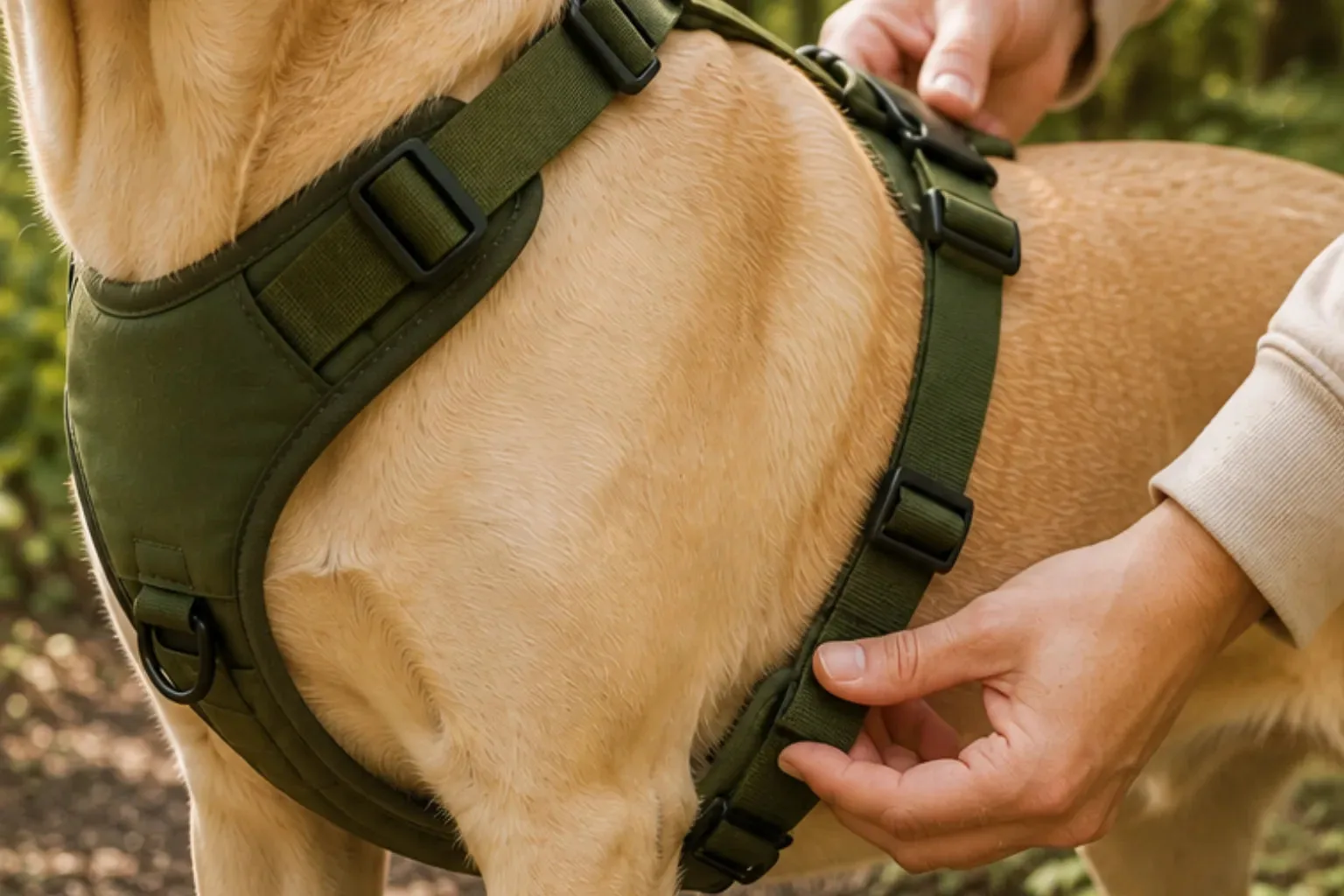 Personne qui ajuste un harnais en Y sur un Labrador, avec un gros plan du harnais et de ses points de réglage.