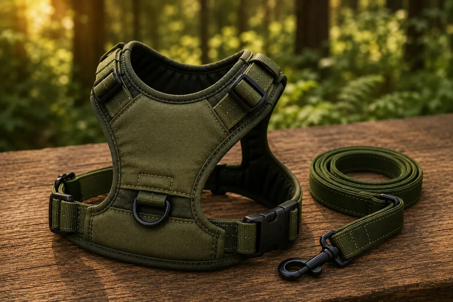 Harnais vert pour chien avec laisse assortie posé sur une table en bois