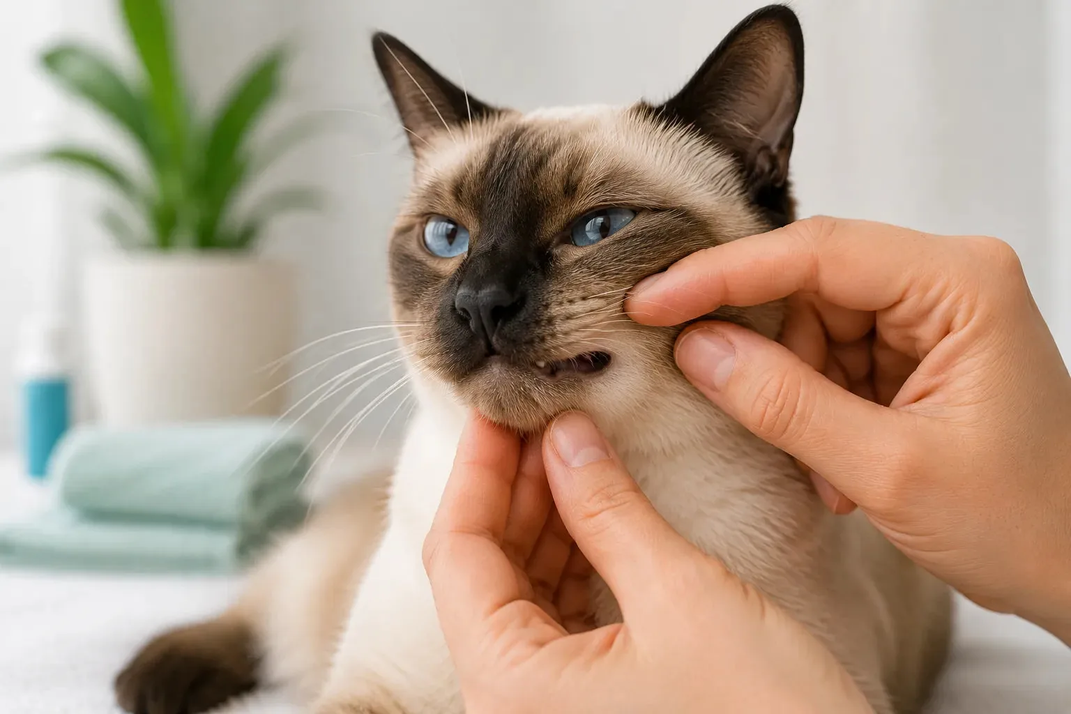 Siamois habitué progressivement au contact d’une main autour de sa bouche avant le brossage des dents