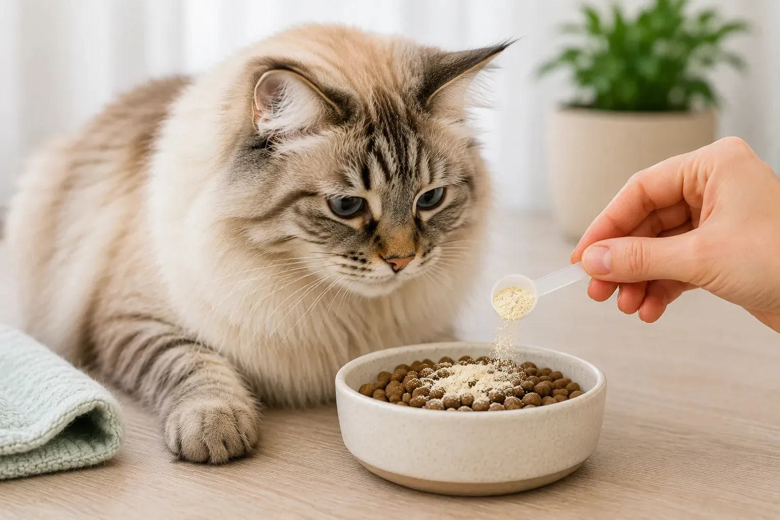 Poudre de soins dentaires ajoutée aux croquettes d’un chat comme option lorsque le brossage est difficile