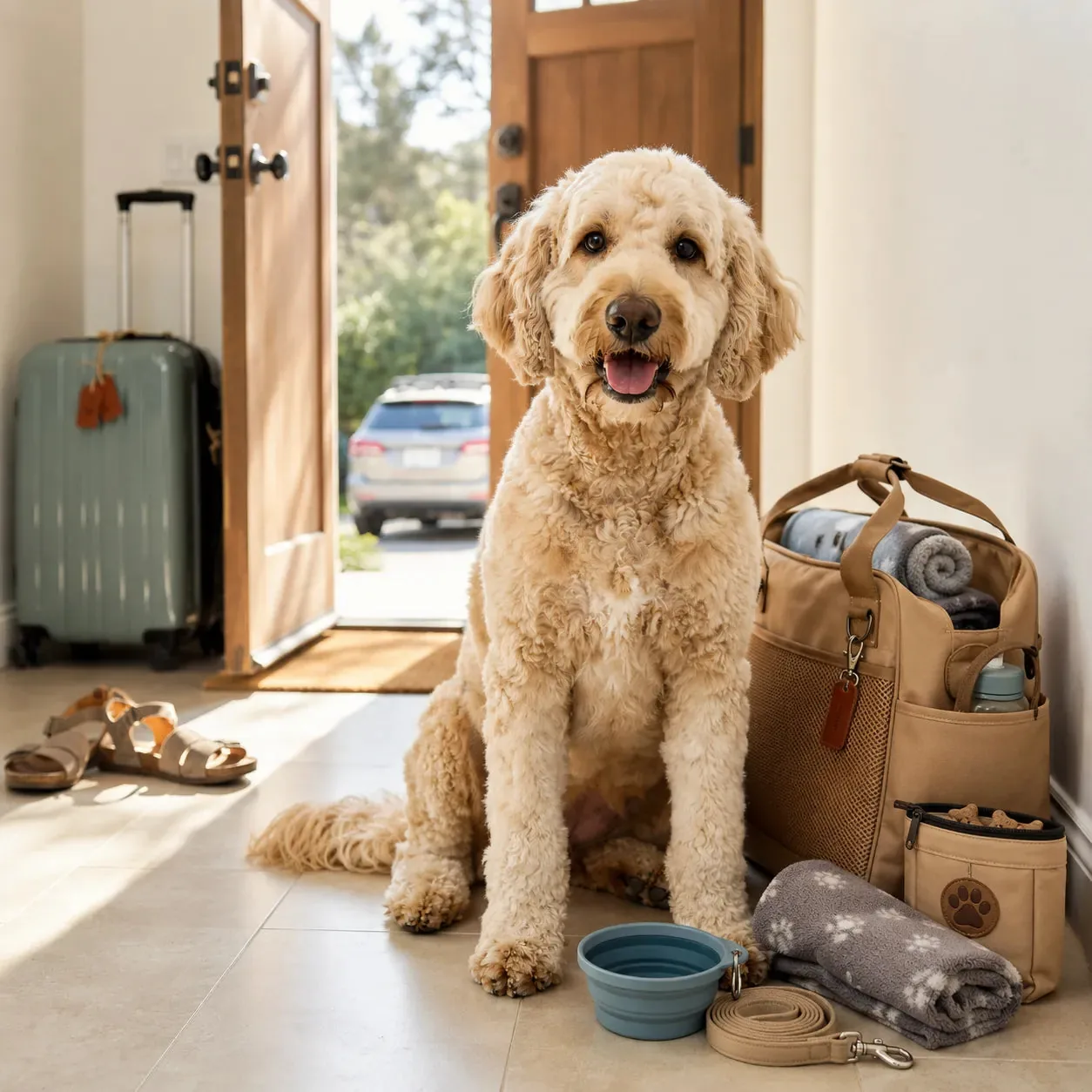 Goldendoodle à côté de son sac de voyage