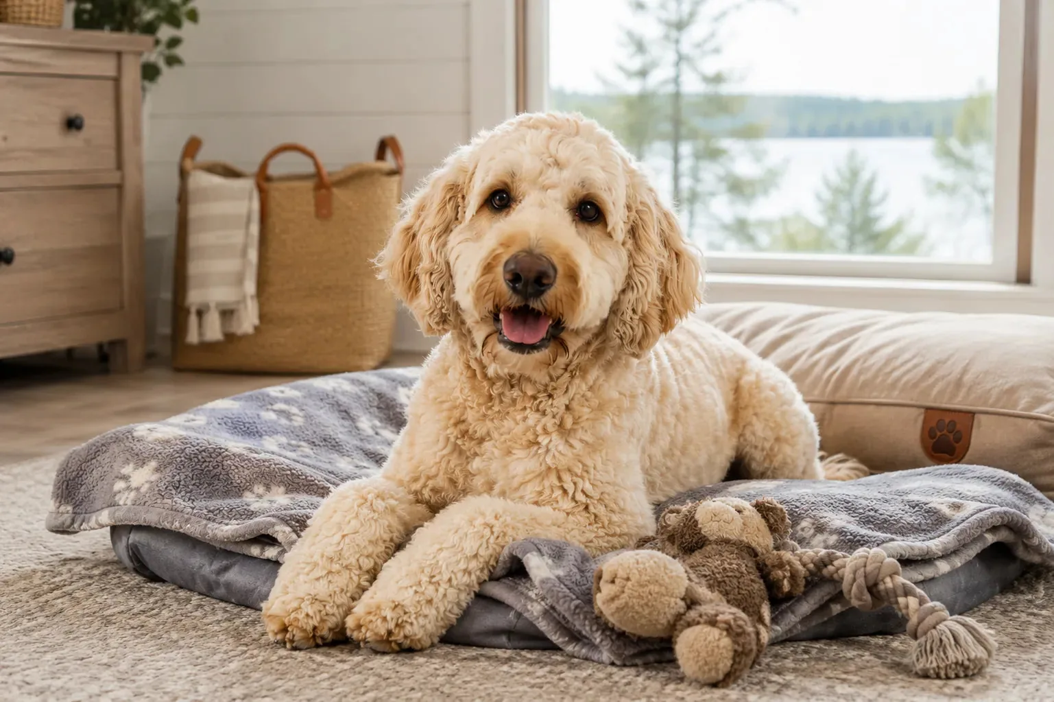 Chien installé près de son coussin et de sa couverture dans un chalet au bord de l'eau pendant les vacances.