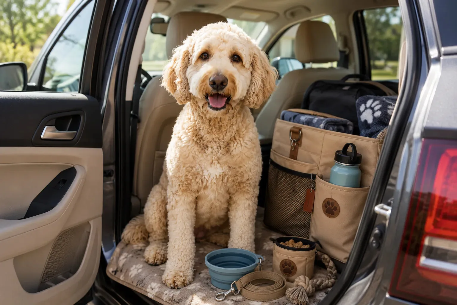 Chien prêt pour le voyage avec ses accessoires de transport avant un départ en voiture.