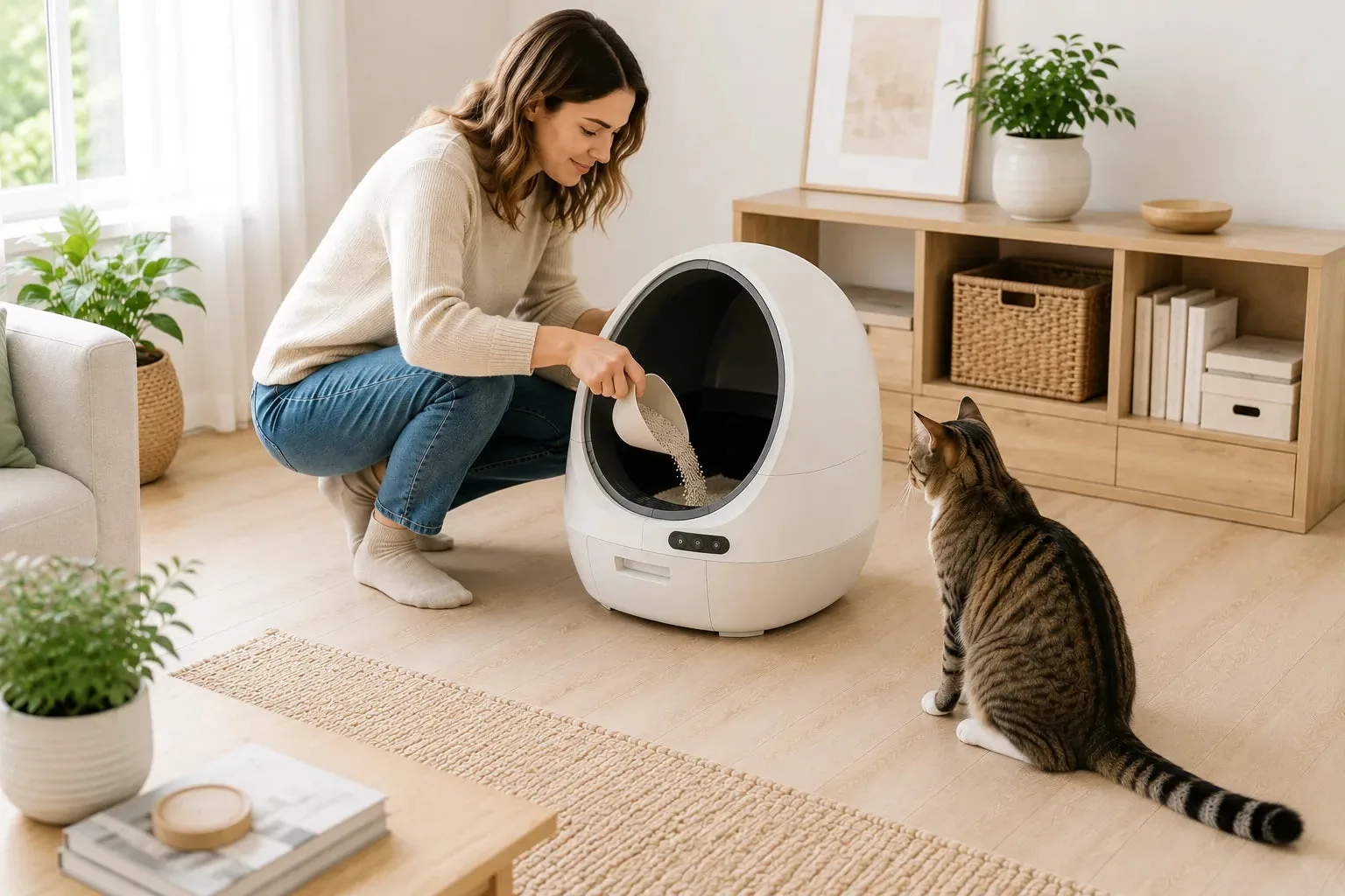 Personne ajoutant de la litière dans une litière autonettoyante pendant qu’un chat observe