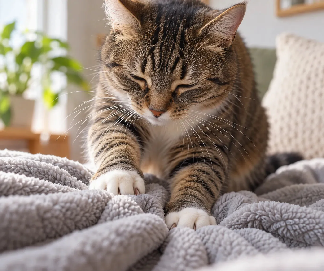Chat tigré faisant des pattes sur une couverture