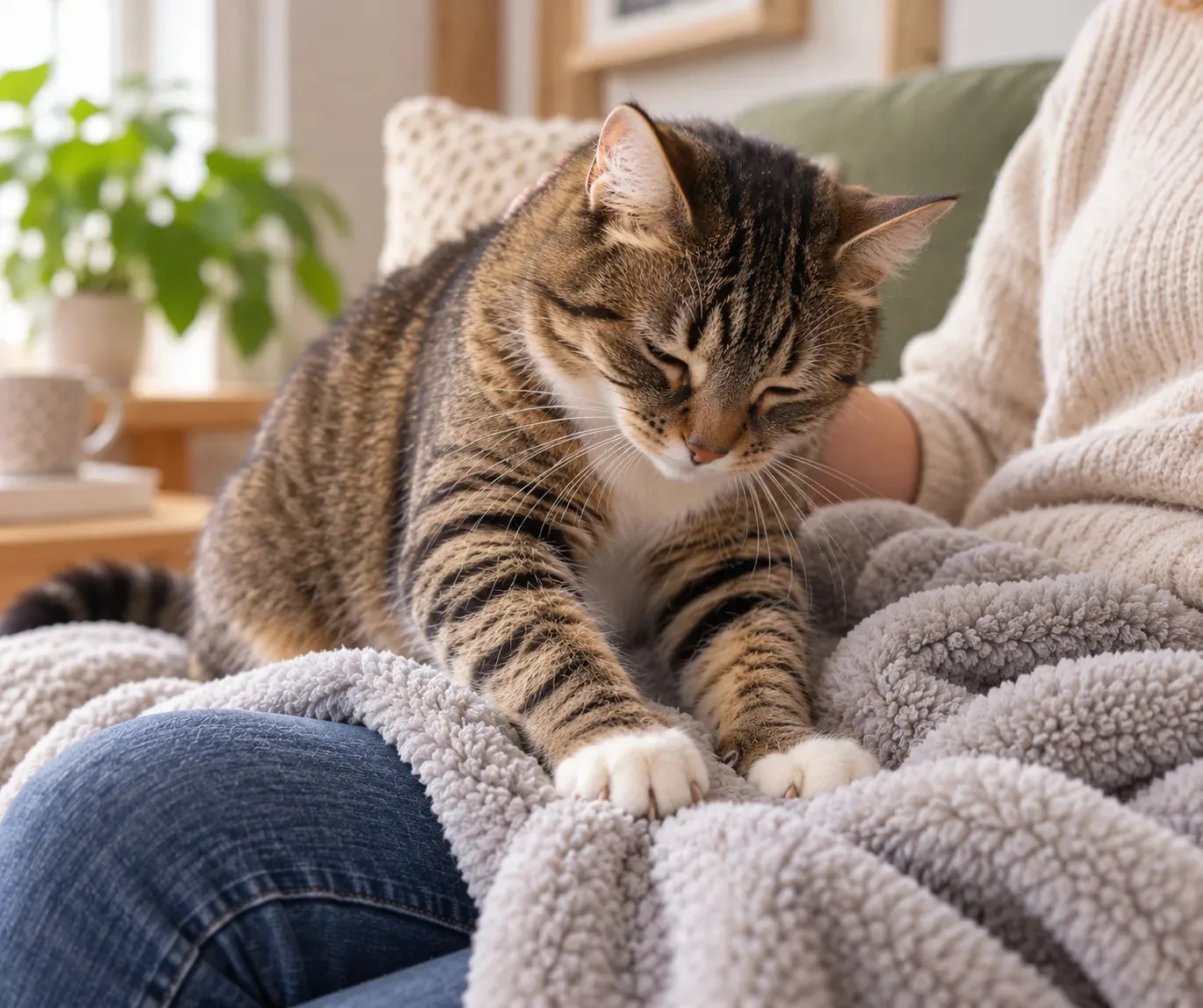 Chat tigré faisant des pattes sur une couverture posée sur les genoux d’une personne
