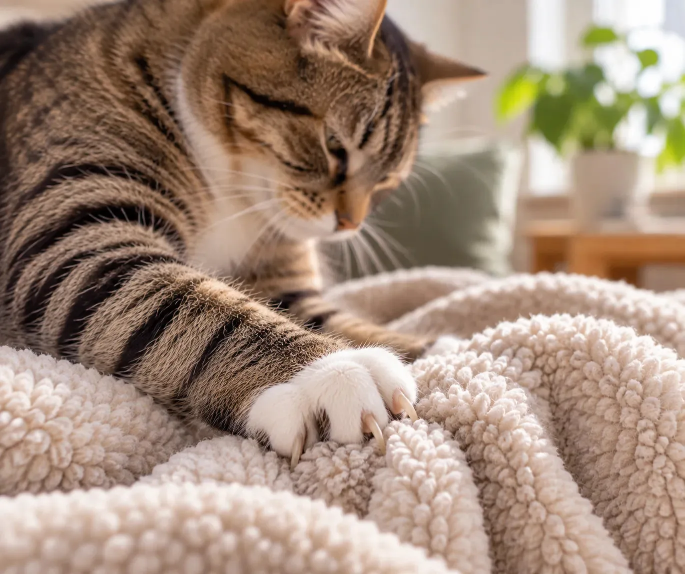 Griffes d’un chat tigré faisant des pattes sur une couverture