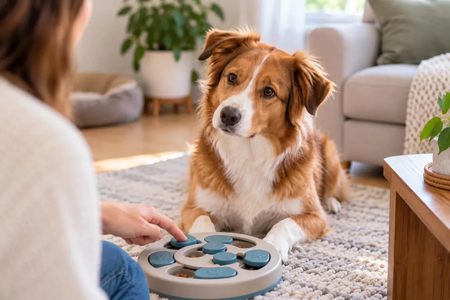 Chien attentif devant un jouet interactif présenté par une personne