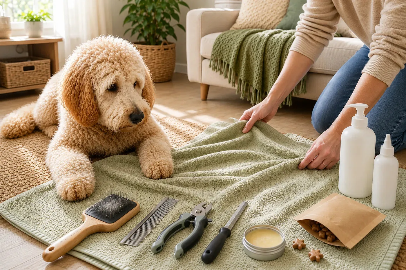 Labradoodle attendant calmement près du matériel de toilettage préparé sur une serviette dans un salon lumineux.