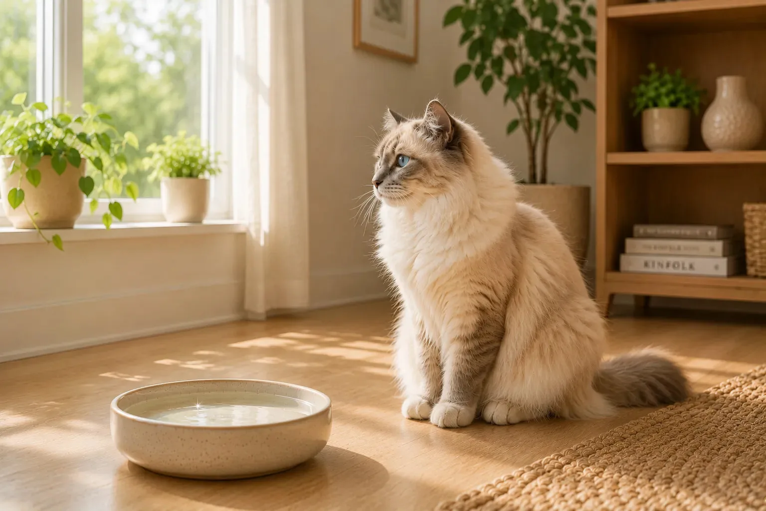 Chat à poil long observant son environnement près d'un bol d'eau en céramique