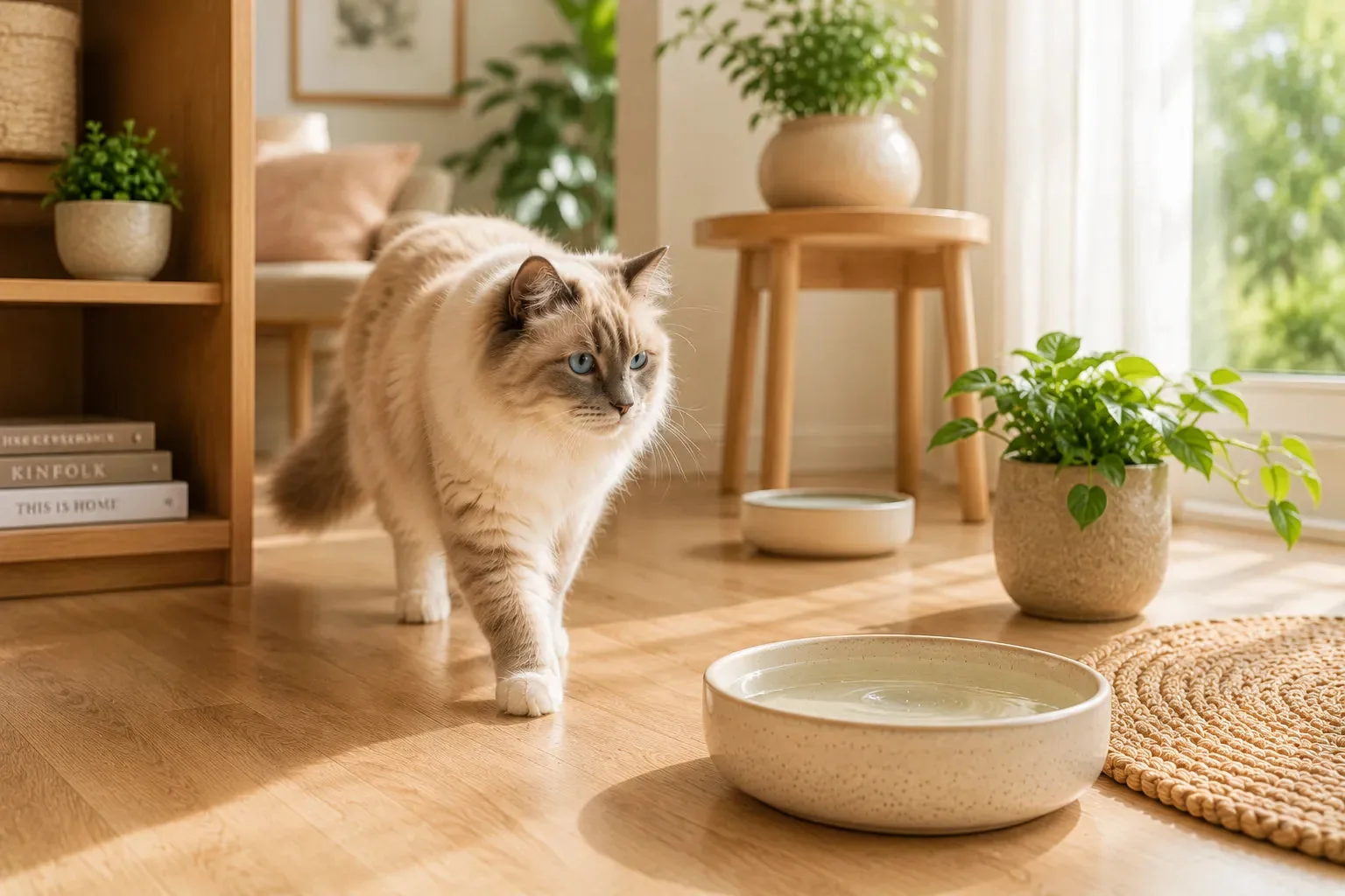 Chat à poil long se dirigeant vers un bol d'eau en céramique dans un intérieur lumineux