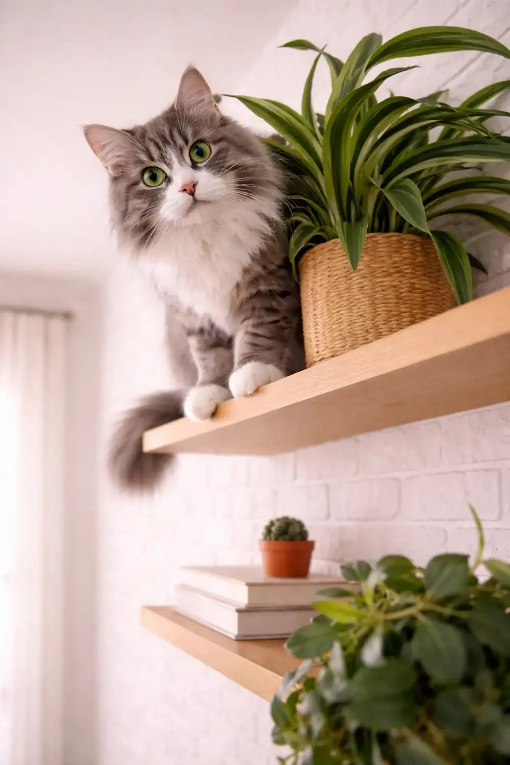 chat qui grimpe sur une étagère