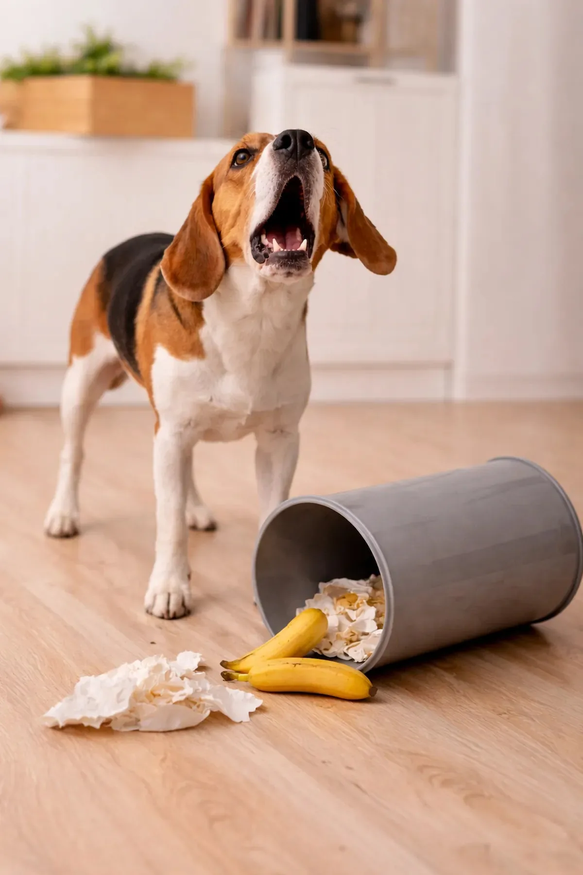 chien qui aboie devant une poubelle avec aliments dangereux