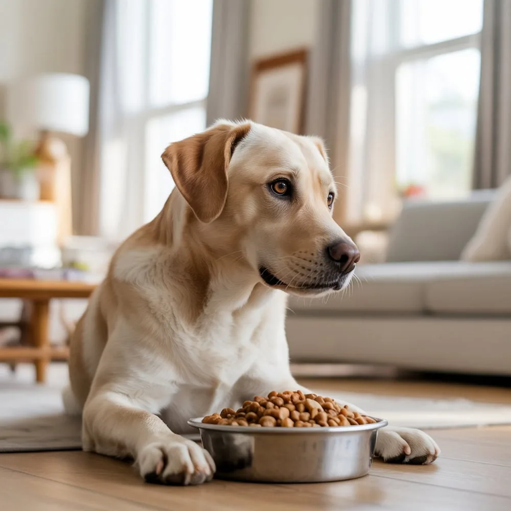 Chien qui hésite à manger devant une gamelle pleine