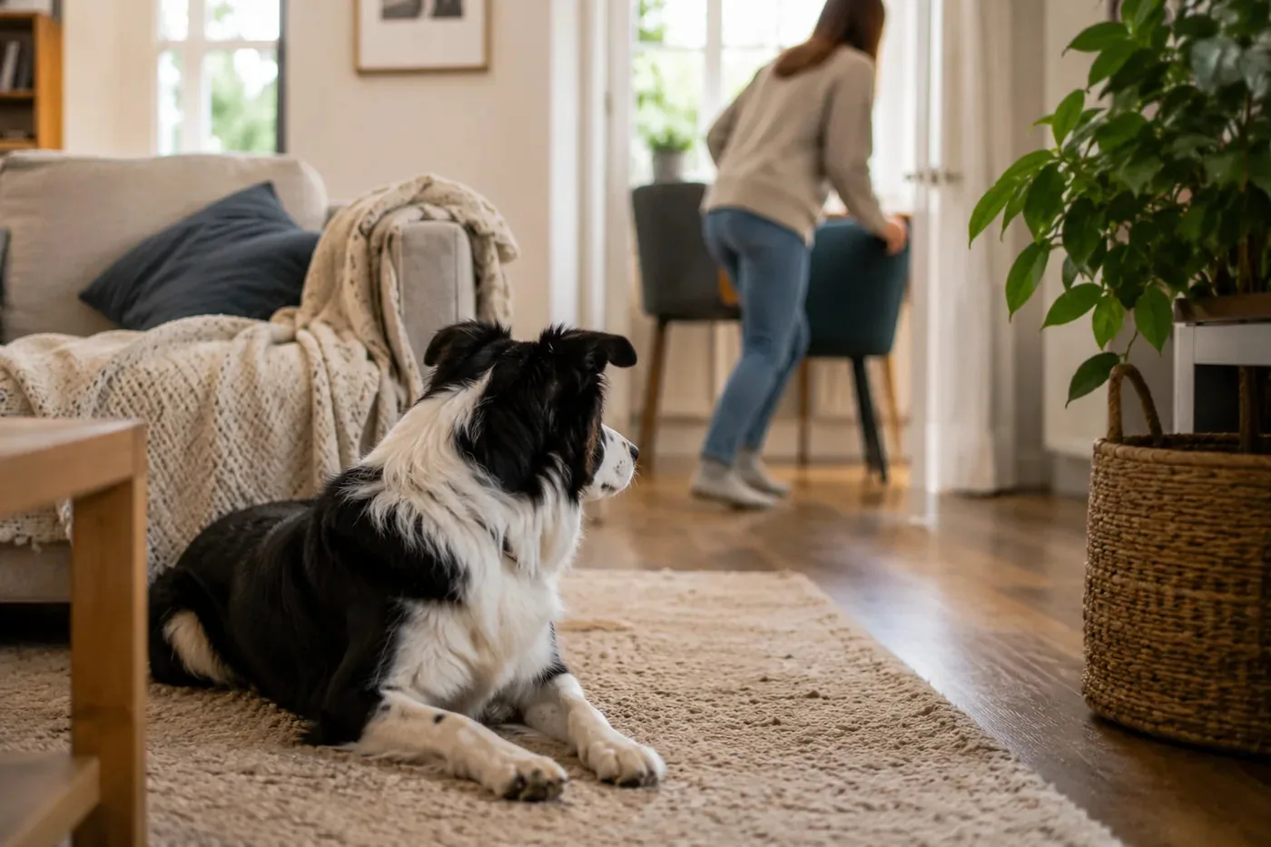 Border Collie observant les déplacements d'un membre de sa famille dans le salon