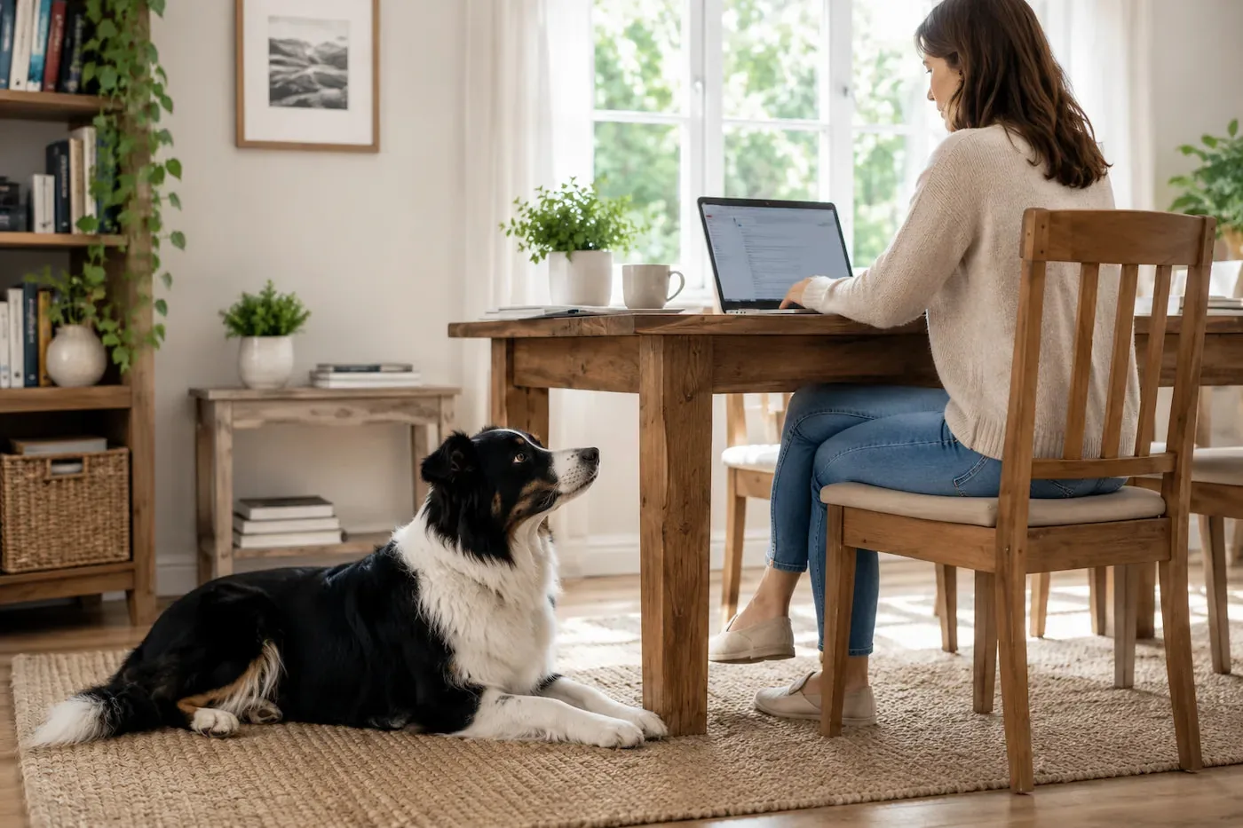 Chien couché près de sa famille pendant qu'une personne travaille à la maison