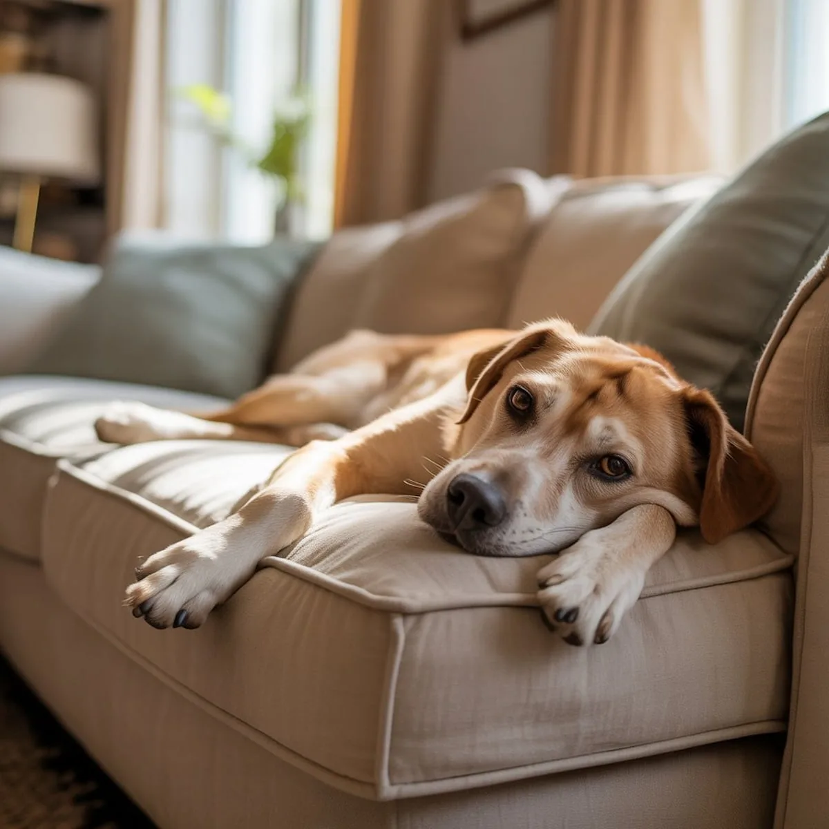 Chien fatigué sur un canapé
