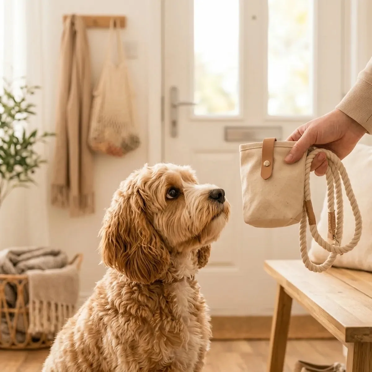 Chien qui regarde une pochette de gâteries avant une promenade