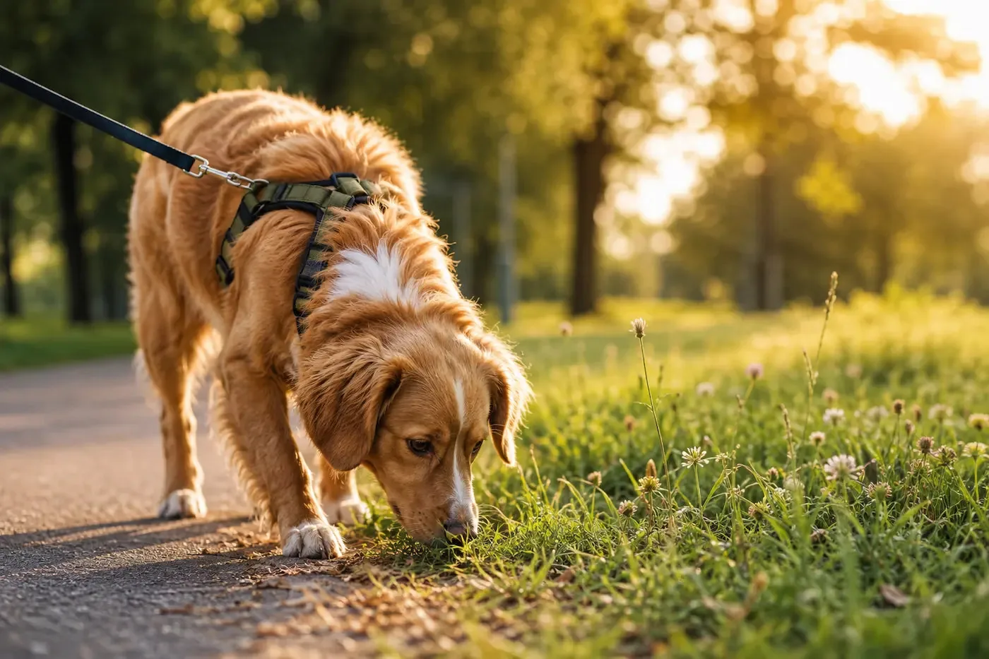Chien qui renifle l'herbe au parc