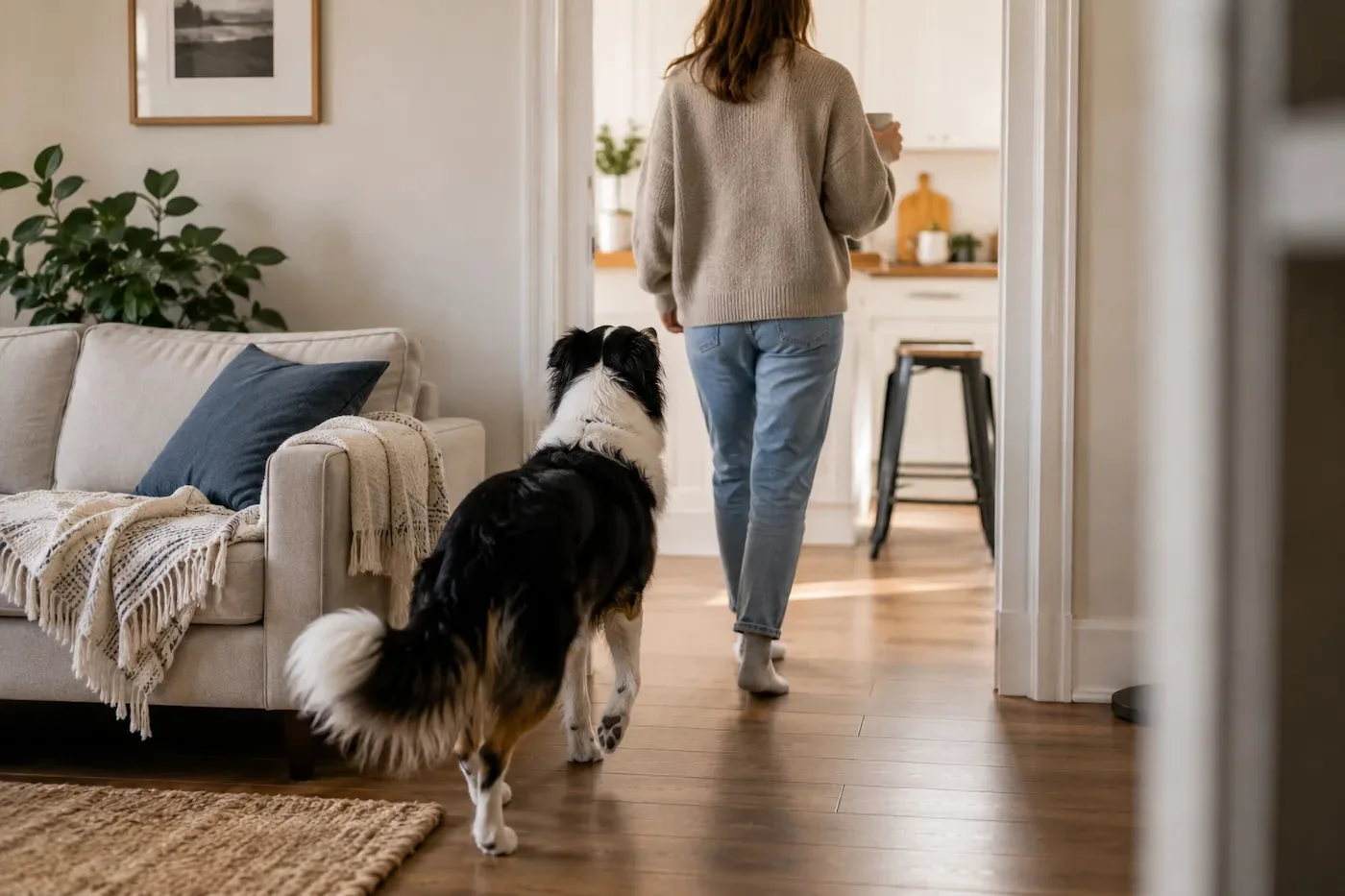 Border Collie suivant son humaine vers la cuisine